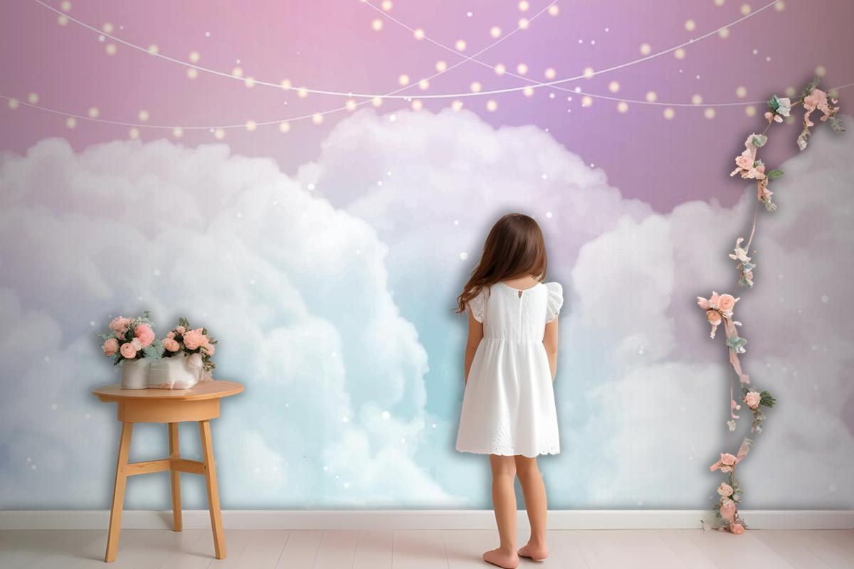 Sky Background With Sugar Cotton Candy Clouds And Stars Design Wallpaper Mural