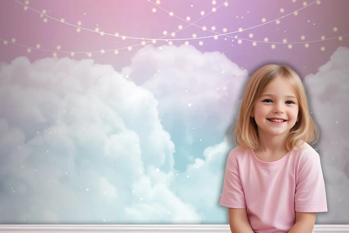 Sky Background With Sugar Cotton Candy Clouds And Stars Design Wallpaper Mural