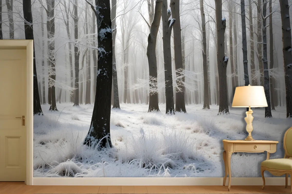 Snowy Forest With Tall Bare Trees And A Layer Of Frost Covering The Ground Wallpaper Mural
