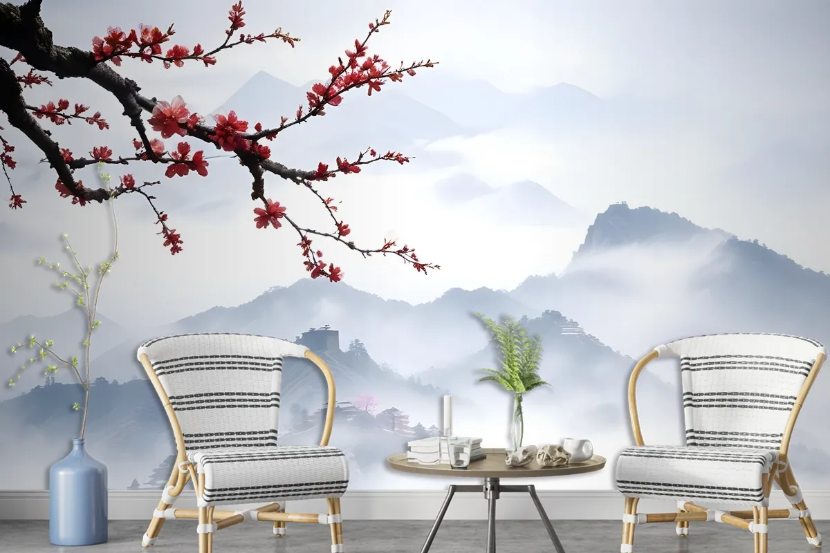 Snowy Mountainscape With Cherry Blossom Wallpaper Mural