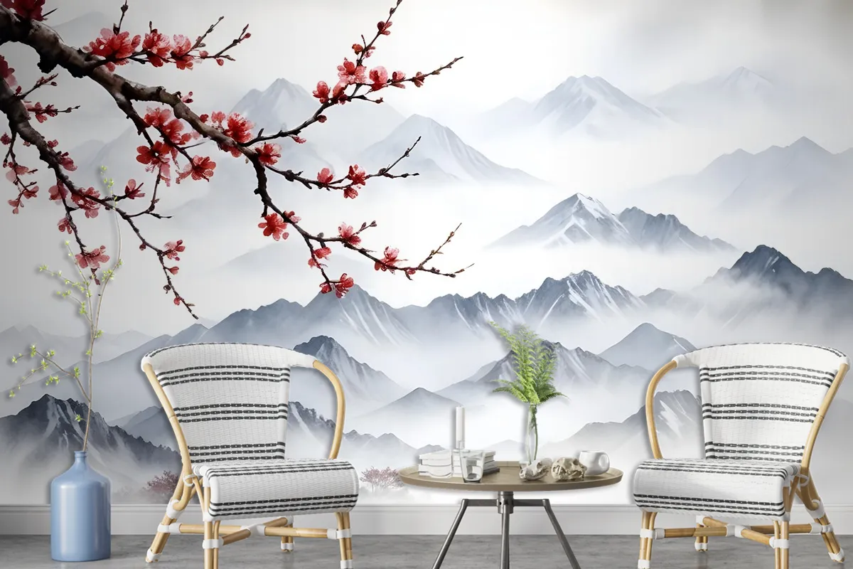 Snowy Mountainscape With Cherry Blossom Wallpaper Mural