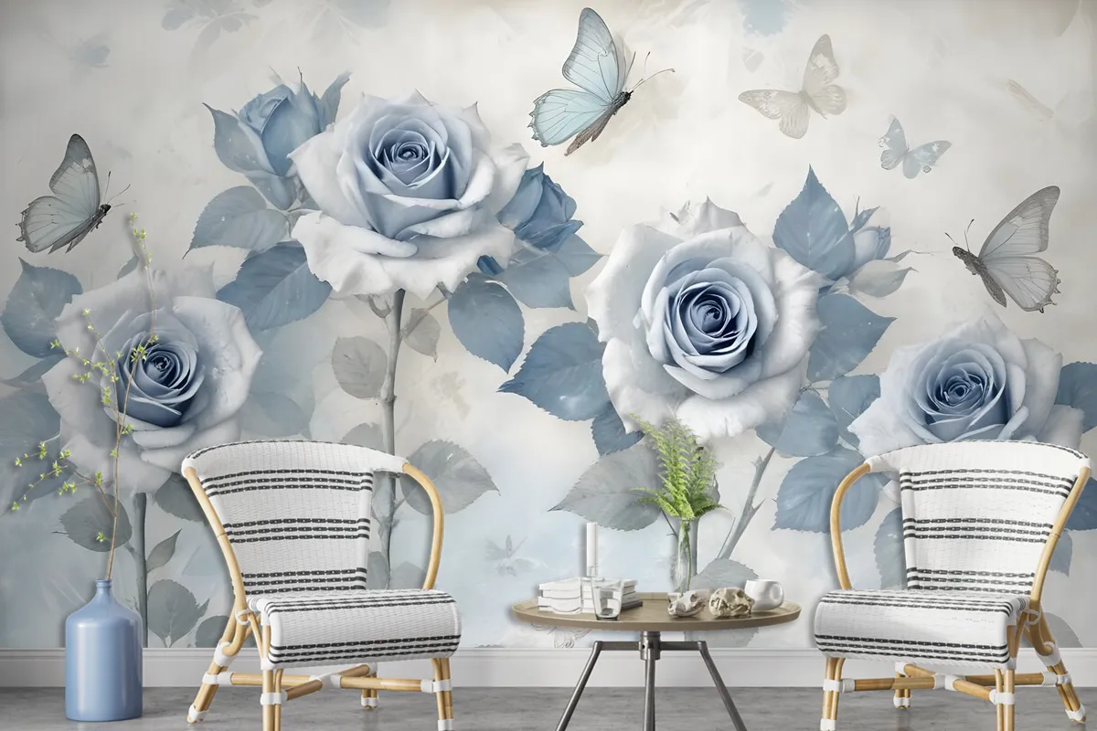 Soft Blue Floral Wallpaper Mural