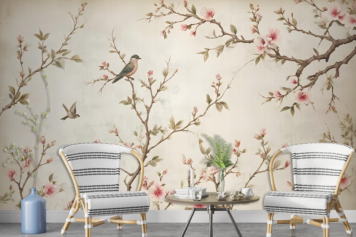 Soft Chinese Florals With Little Birds Wallpaper Mural