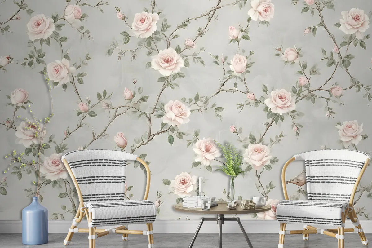 Soft Chinoiserie Peony Tree Blossom Art Wallpaper Mural