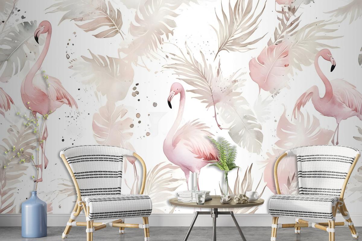 Soft Flamingo Art With Boho Tropical Leaf Wallpaper Mural