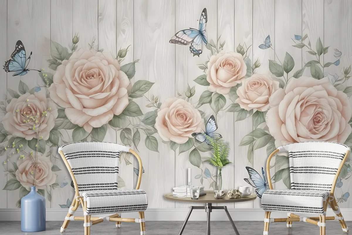 Soft Floral With Butterfly Wallpaper Mural