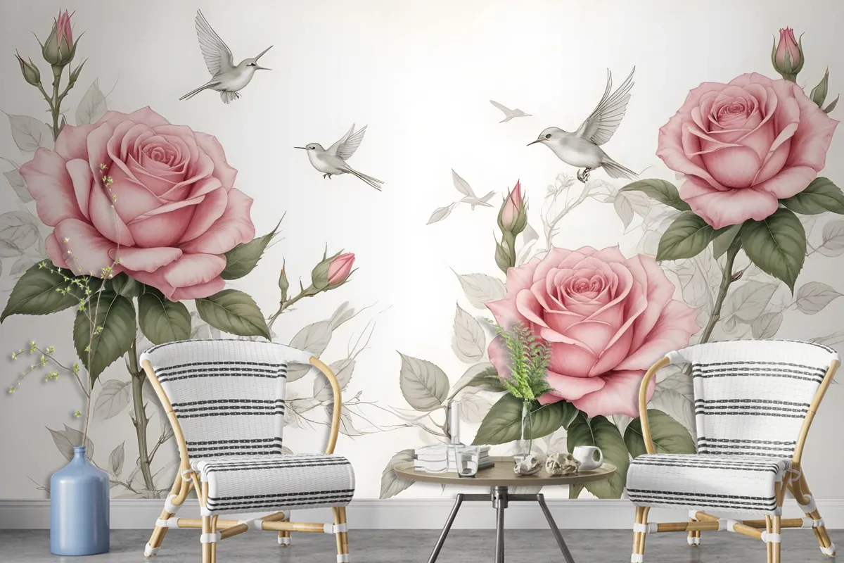 Soft Pink Flower And Charcoal Drawing Roses Wallpaper Mural