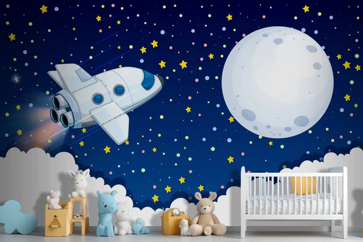 Spaceship Flying To The Moon Wallpaper Mural