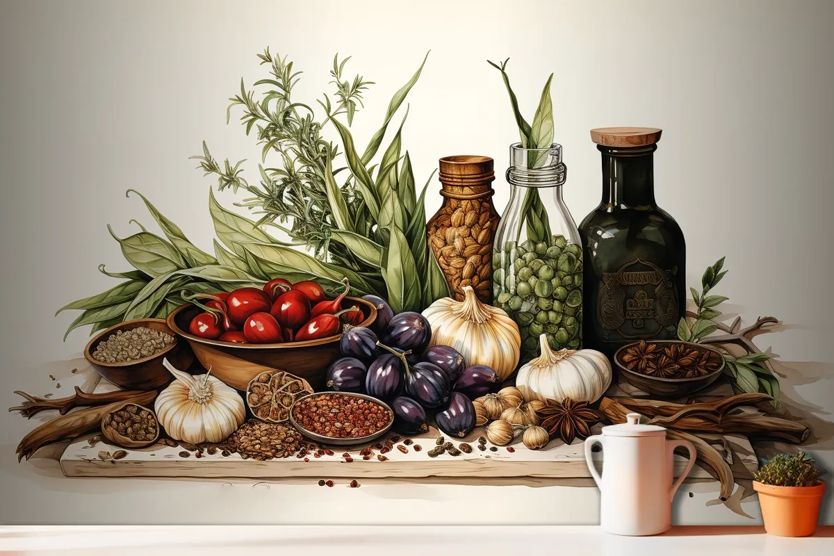 Spices And Herbs On Table Food And Cuisine Ingredients On Table Wallpaper Mural