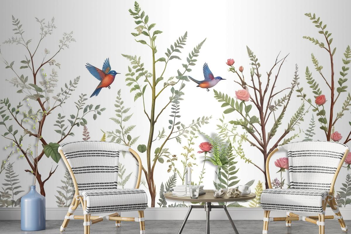 Spring Flower With Birds On The Trees Wallpaper Mural