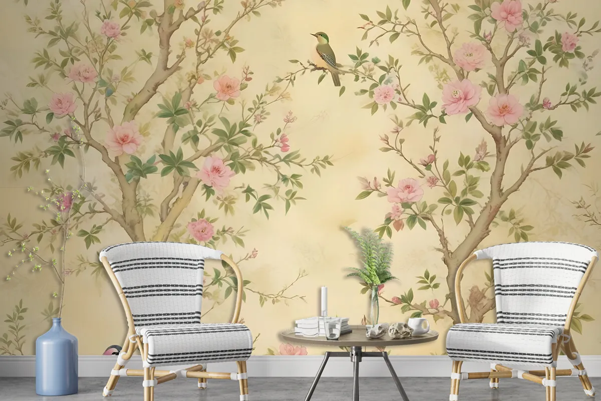 Spring Flowers Birds On The Yellow Background Floral Chinoiserie Wallpaper Mural