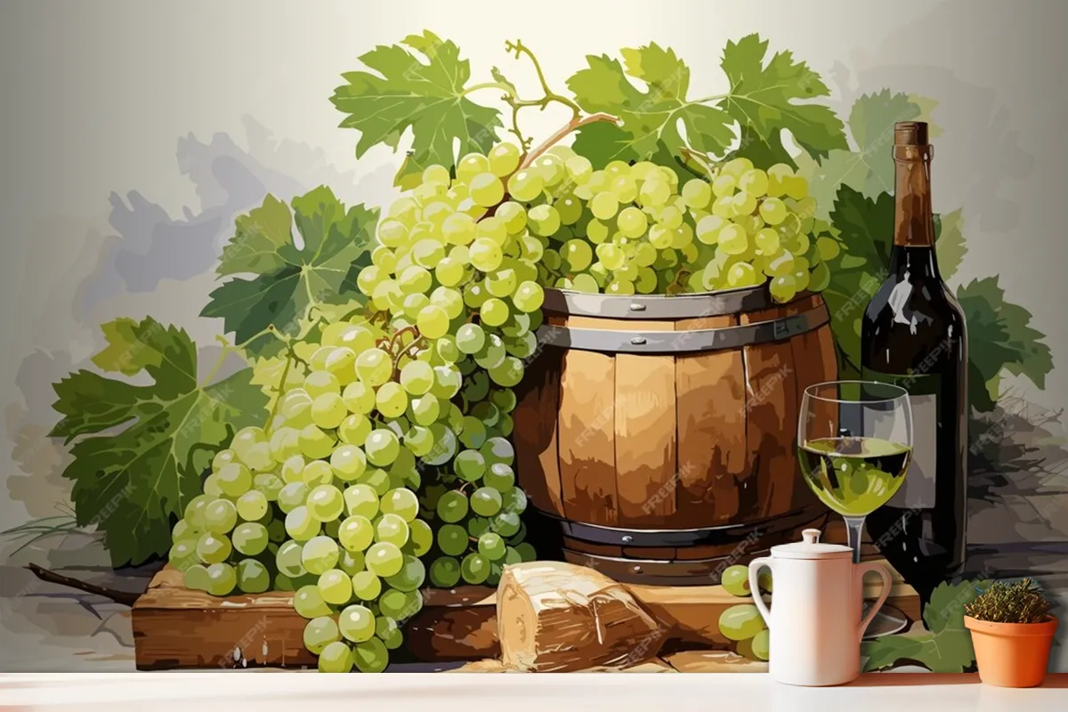 Still Life With Bottle Of White Wine Glass Of Wine And Grapes On Table In Vineyards Wallpaper Mural