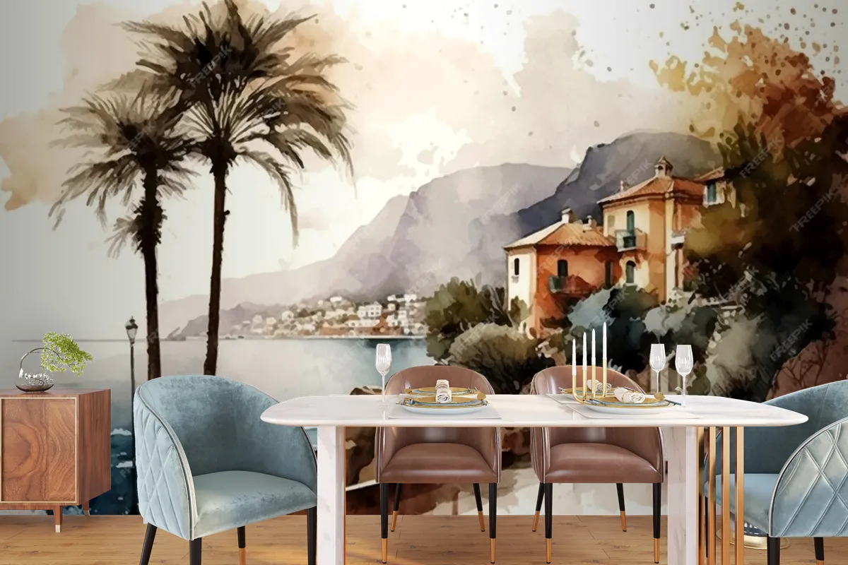 Stunning Landscape Painting With Seaside City Silhouette Wallpaper Mural