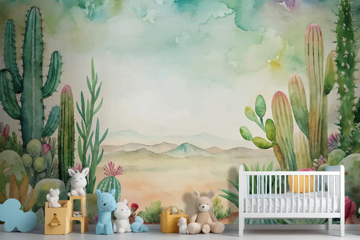 Succulent And Cactus Watercolor Background Wallpaper Mural