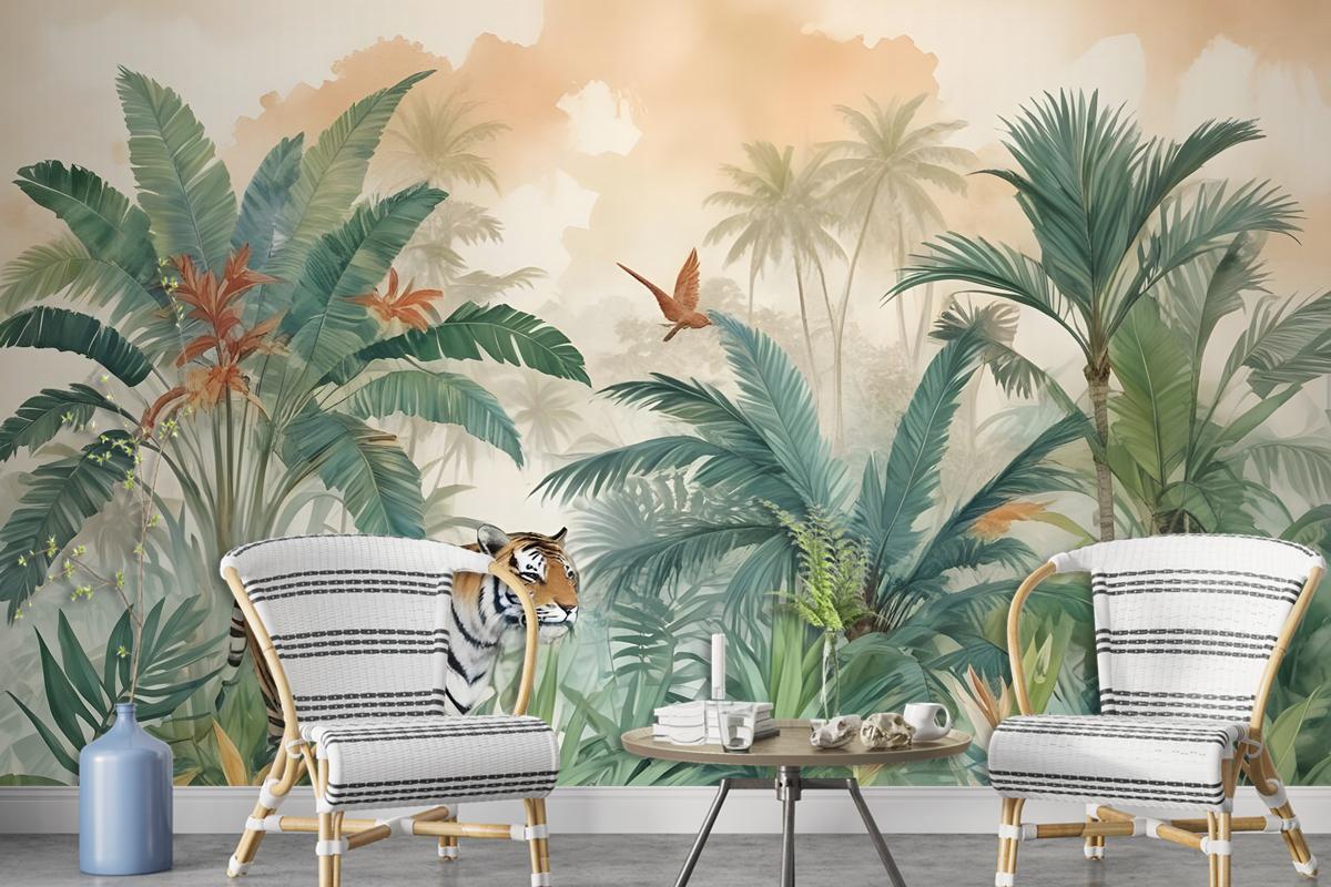 Tiger And Tropical Leaves Wallpaper Mural