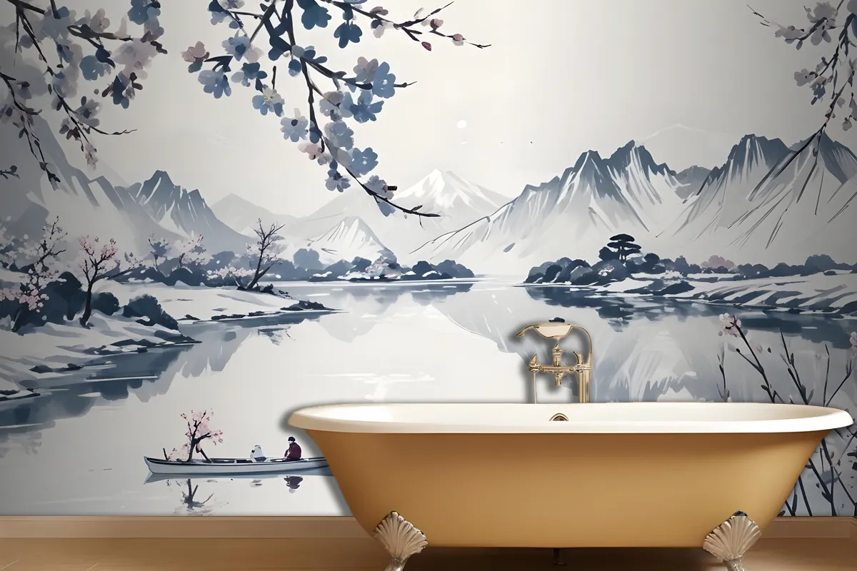 Traditional Chinese Willow & Mountain Ink Wallpaper Mural
