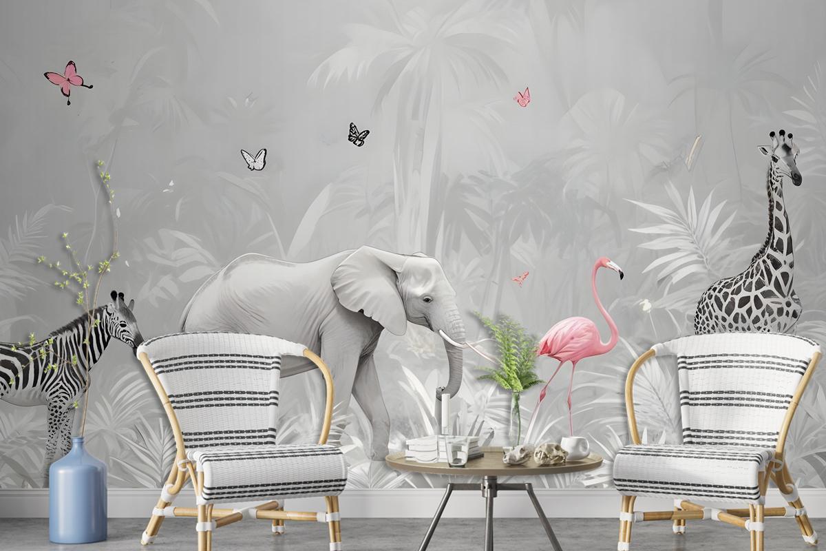 Tropical Animals With Leafs Wallpaper Mural For Children