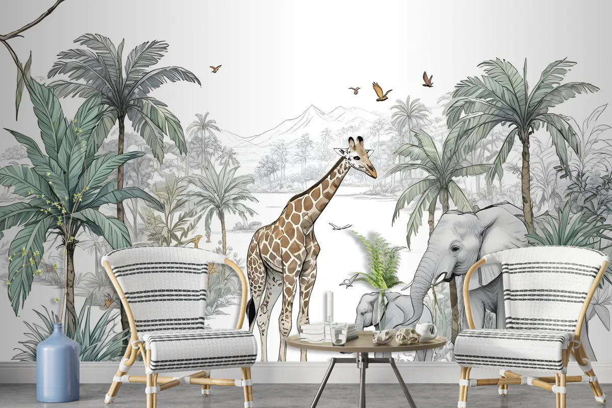 Tropical Animals With Mountain Wallpaper Mural