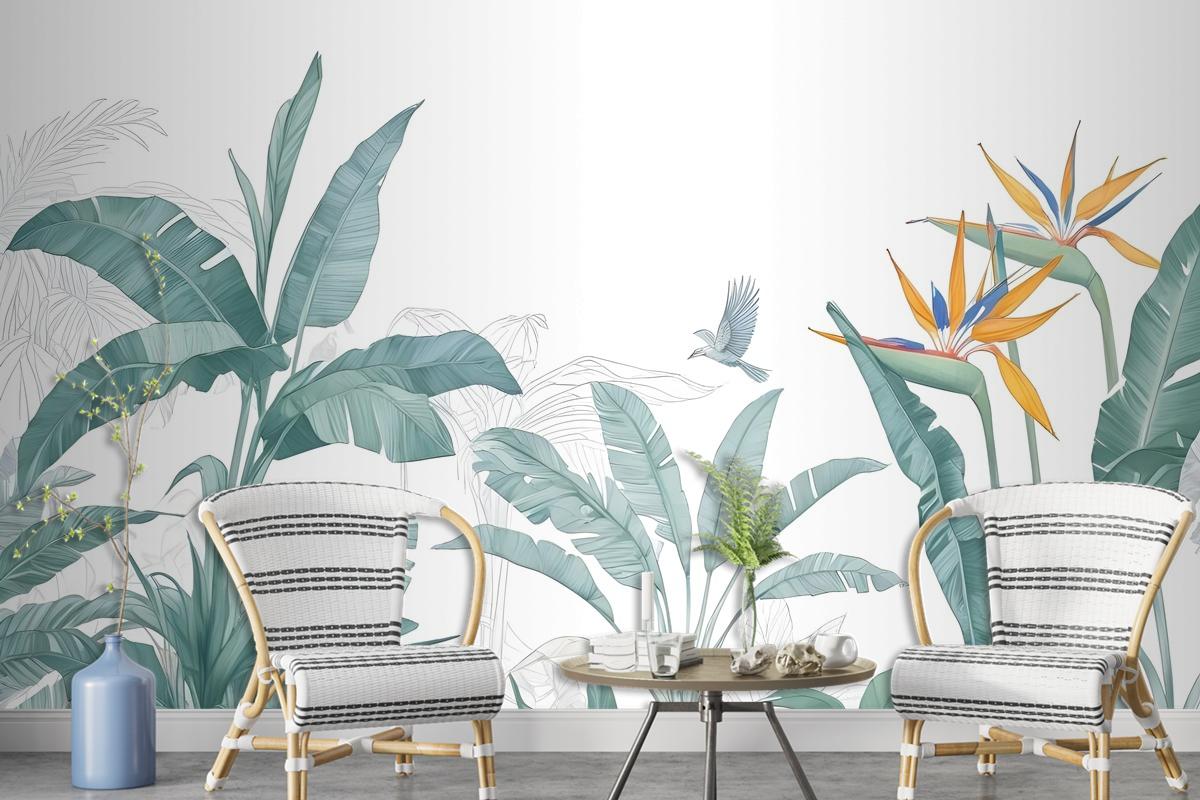 Tropical Banana Leaf With A Bird Wallpaper Mural