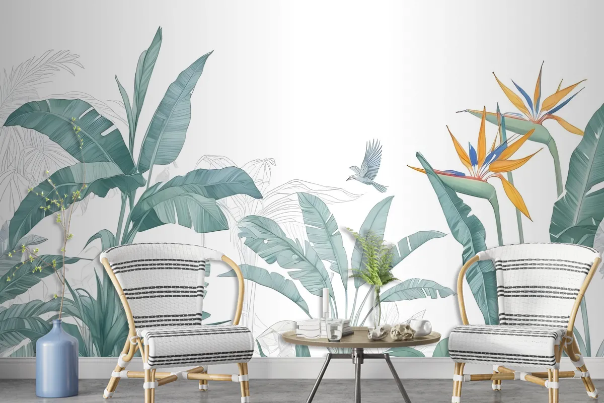 Tropical Banana Leaf With A Bird Wallpaper Mural