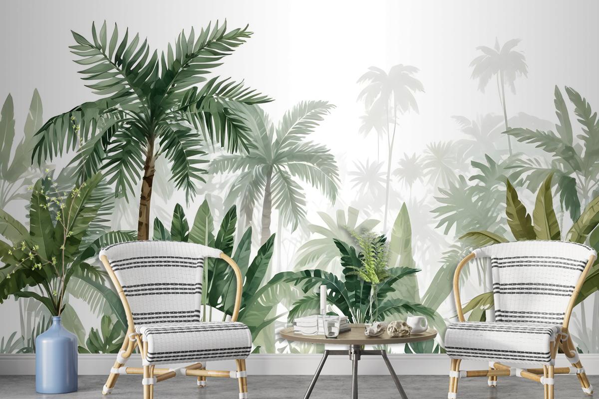 Tropical Cartoon Palm Tree And Banana Leaves Wallpaper Mural