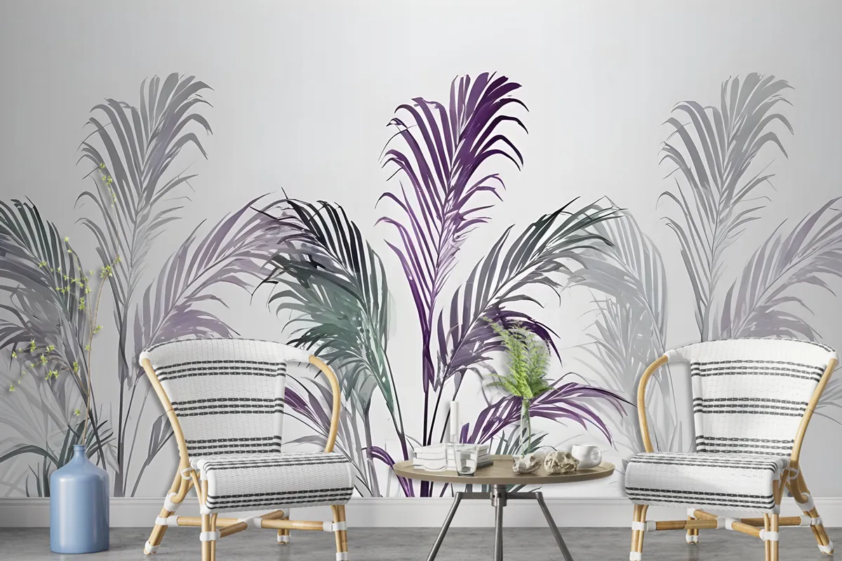 Tropical Fresh Purple Green Palm Leaves Wallpaper Mural