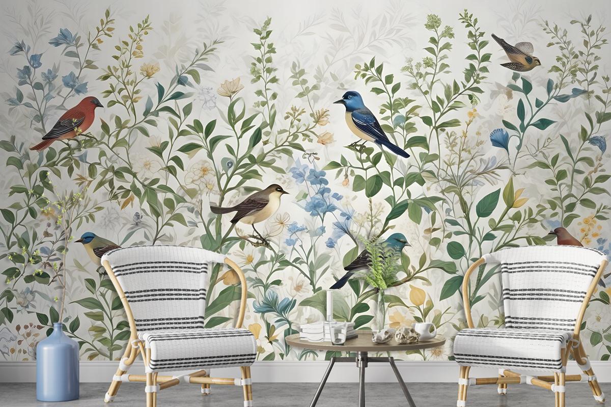 Tropical Green Leaves With Stork Wallpaper Mural