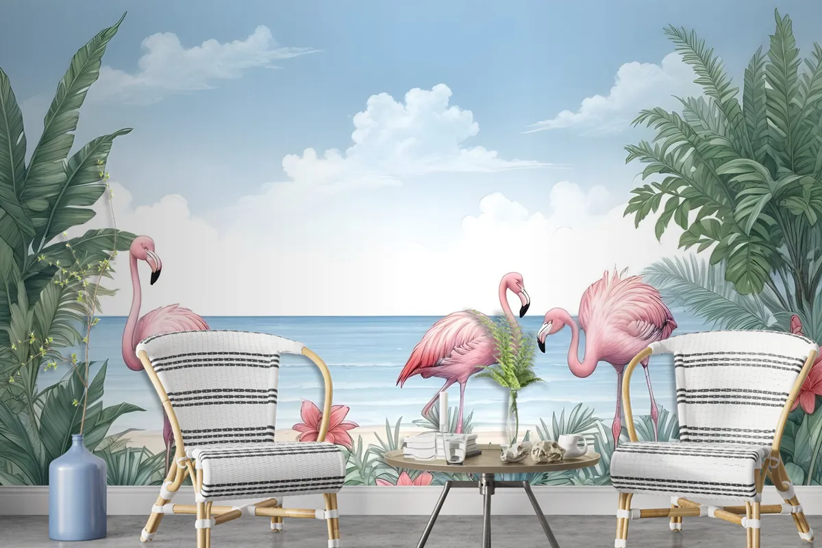 Tropical Landscape With Flamingos Wallpaper Mural