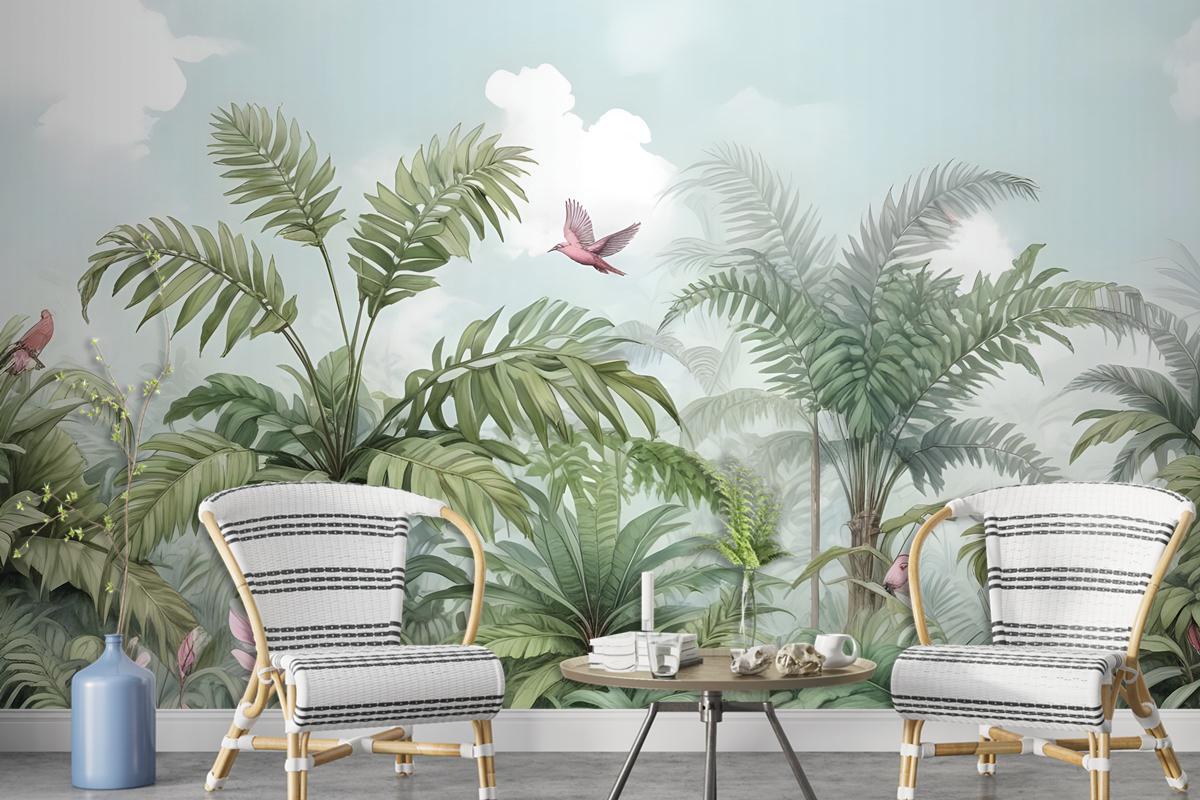 Tropical Leaves With Birds And Florals Wallpaper Mural