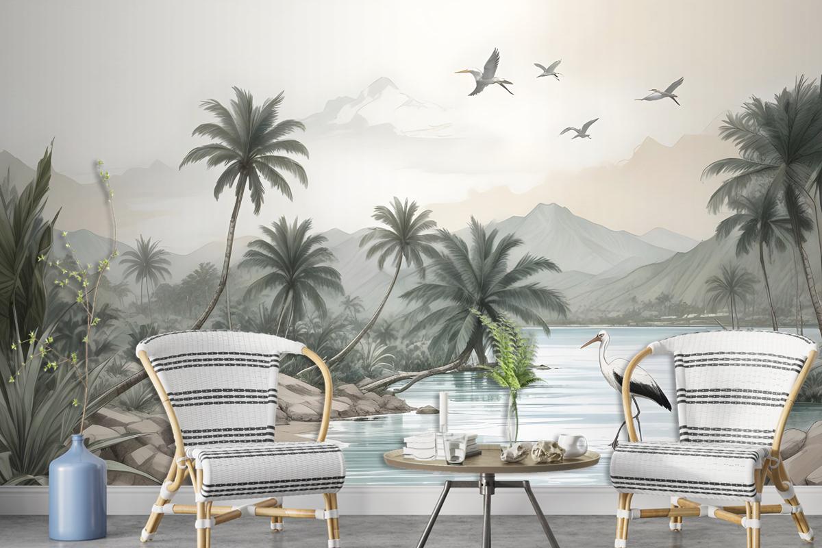 Tropical Nature Landscape With Birds Wallpaper Mural