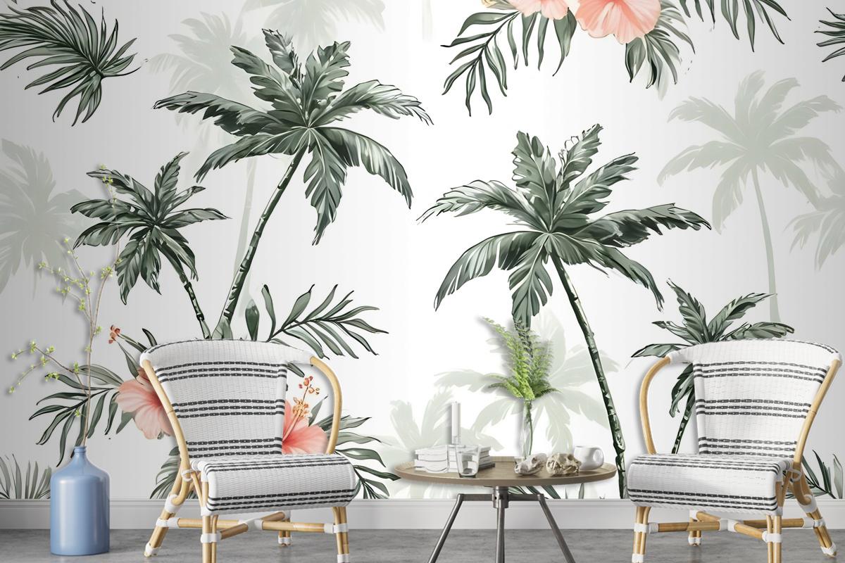 Tropical Palm Tree With Mirabilis Floral Pattern Wallpaper Mural