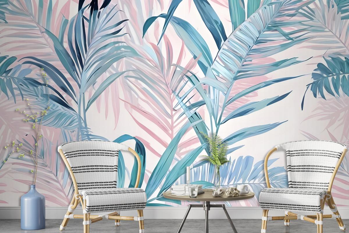 Tropical Pink Exotic Colorful Palm Leaf Wallpaper Mural