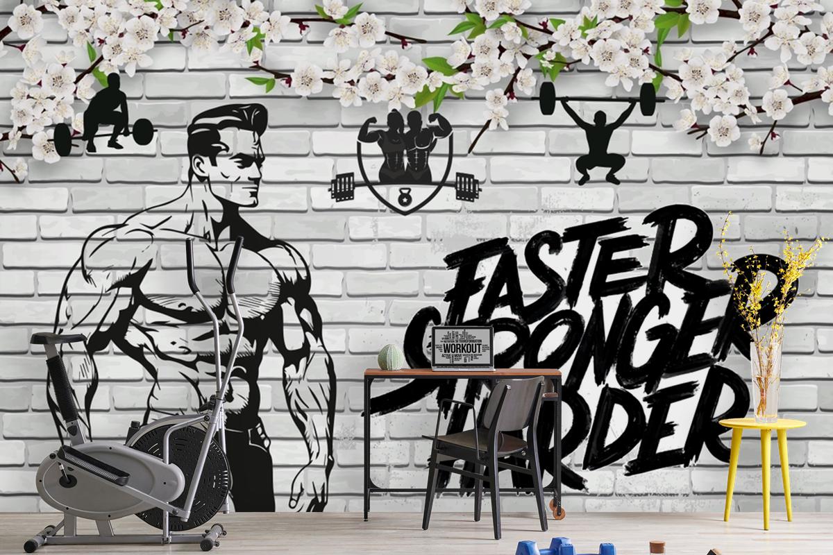 Tuğla Duvar Ve Çiçekler Fitness Gym Duvar Kağıdı