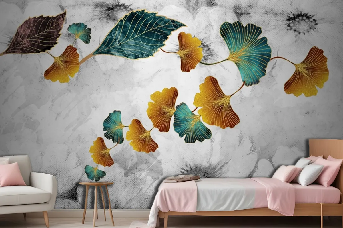 Turquoise And Golden Ginkgo Leaves In Light Gray Canvas Paint Wallpaper Mural