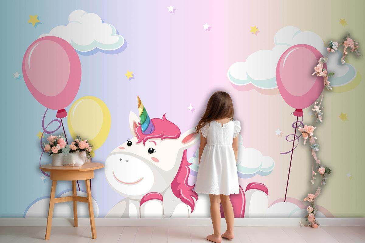 Unicorn Lay On The Cloud On Colorful Pastel Sky Background Wallpaper Mural