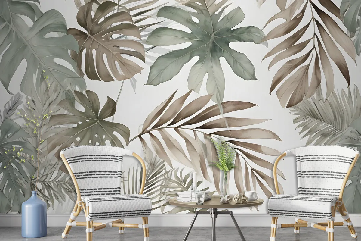 Vintage Banana And Palm Leaves Wallpaper Mural