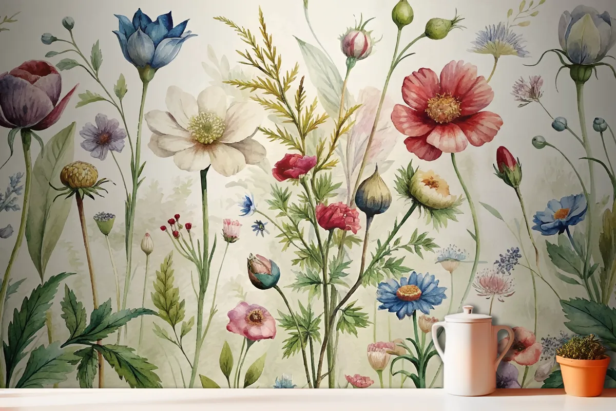 Vintage Botanical Style Wildflower Watercolor Wallpaper Mural