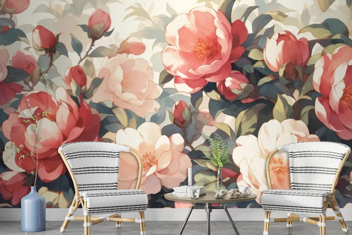 Vintage Camellia Pattern With White Background Wallpaper Mural