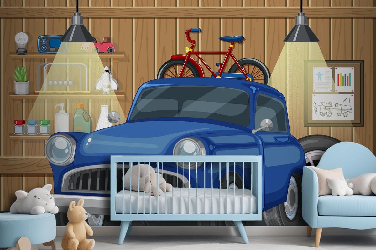 Vintage Car And Bicycle In Wooden Garage Wallpaper Mural