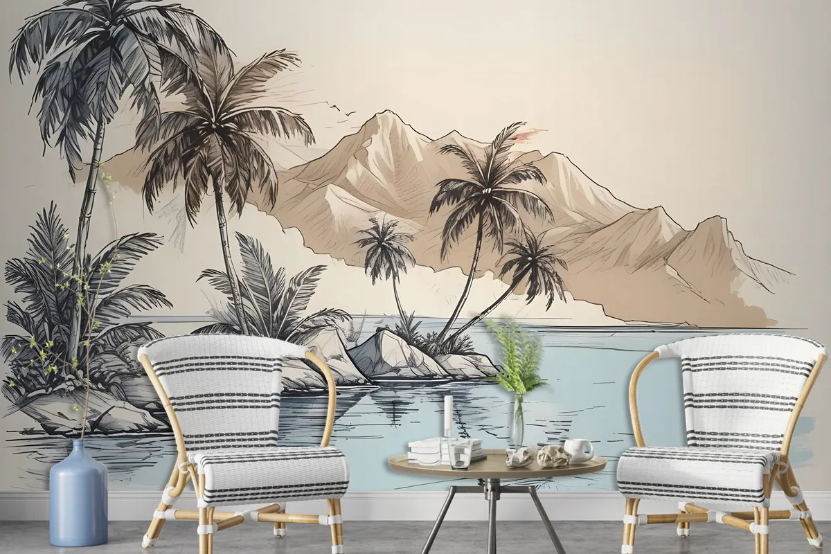 Vintage Charcoal Tropical Palm Tree And Summer Beach Wallpaper Mural