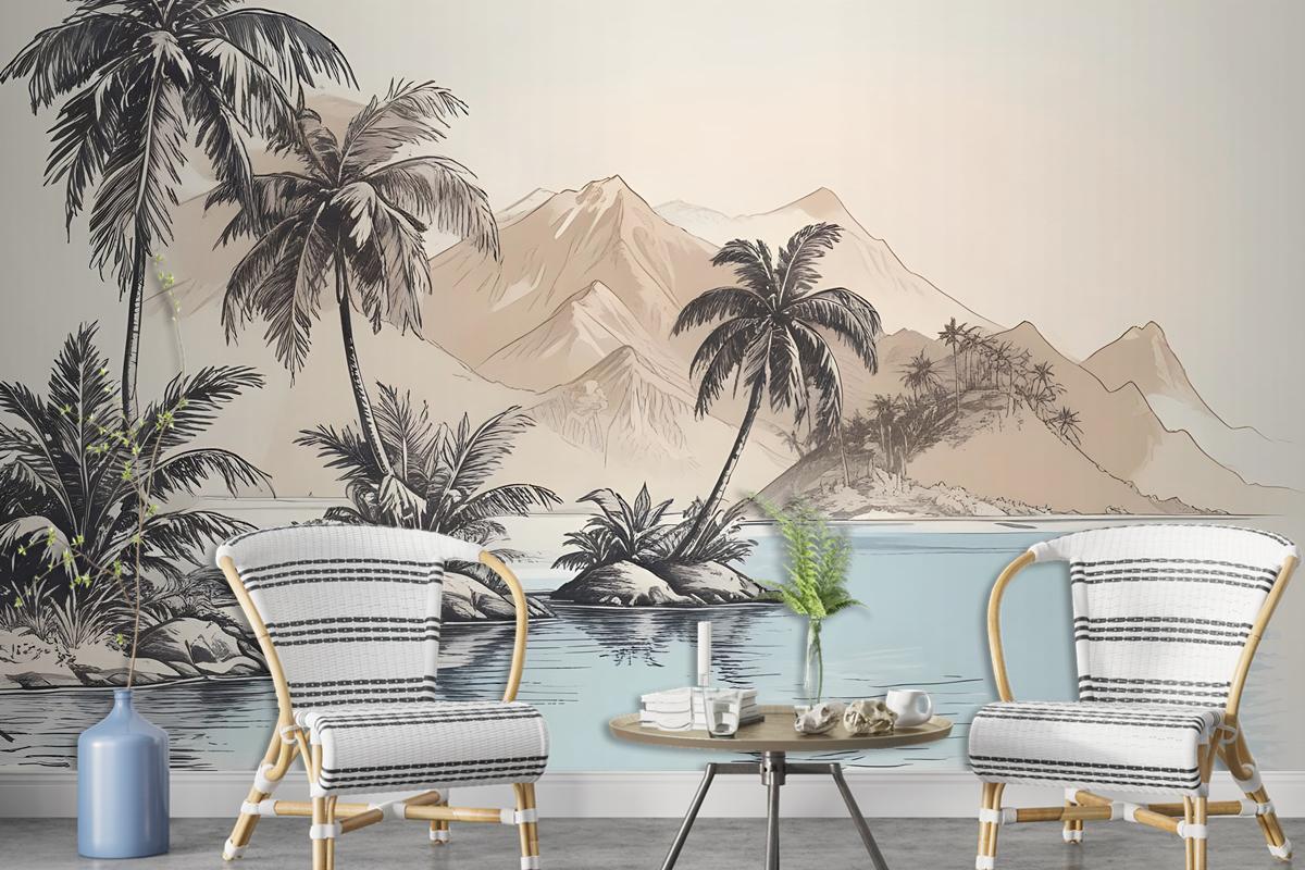 Vintage Charcoal Tropical Palm Tree And Summer Beach Wallpaper Mural