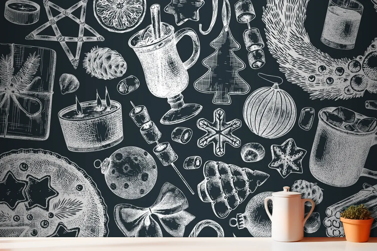 Vintage Christmas Banner Design On A Chalkboard Handsketched Holiday Wallpaper Mural