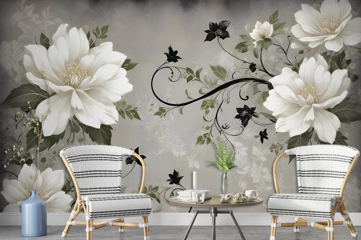 Vintage Cream Flowers Art Wallpaper Mural