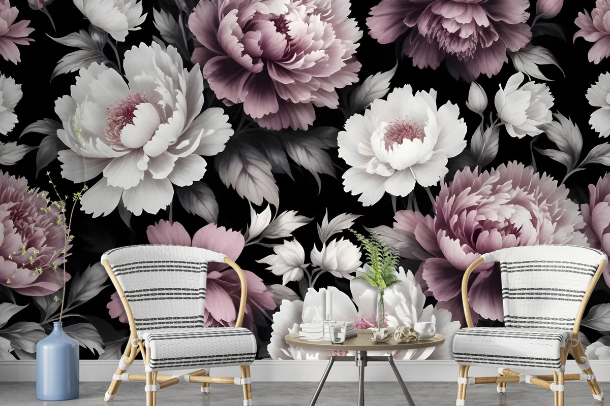 Vintage Dark Large Peony Flower Wallpaper Mural