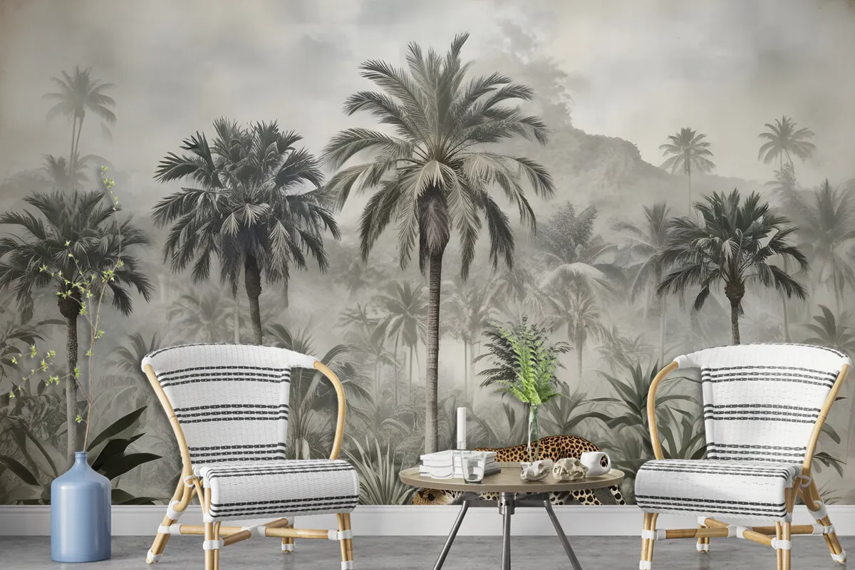 Vintage Exotic Landscape With Wild Leopard Wallpaper Mural