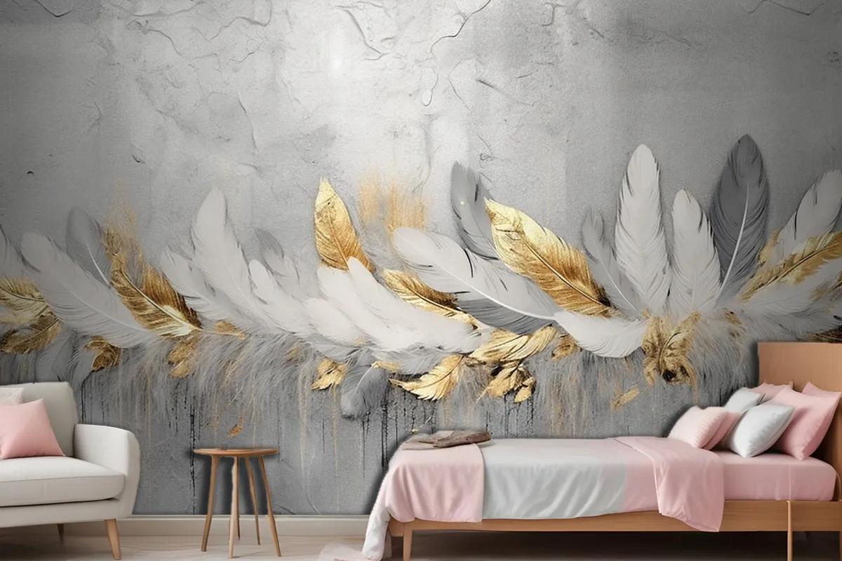 Vintage Feathers Blue Gold Brushstrokes Wallpaper Mural