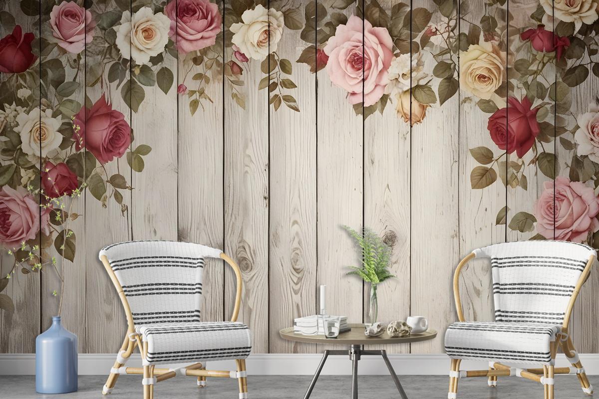 Vintage Floral With Wood Wall Wallpaper Mural