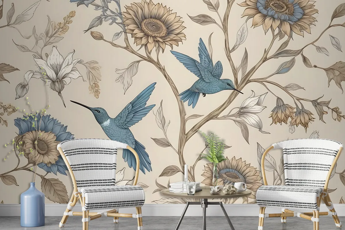 Vintage Flower With Hummingbird Wallpaper Mural