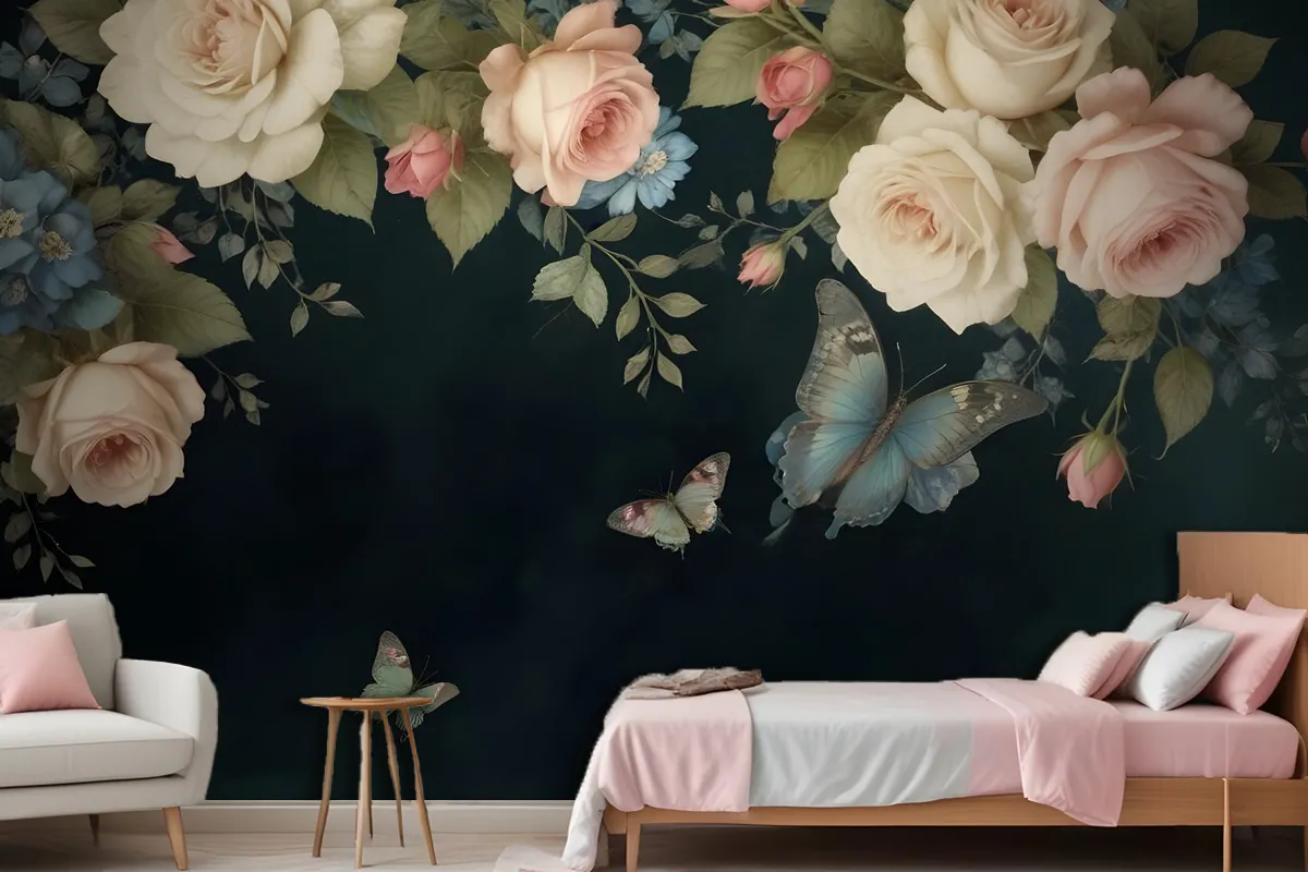 Vintage Oil Painting Dark Roses Wallpaper Mural