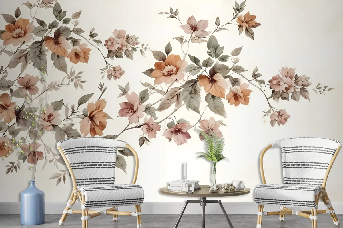 Vintage Orange Brown Flowers Wallpaper Mural